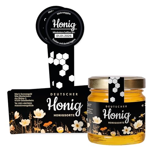 Honig Etiketten 250 g mit Gewährverschluss selbst gestalten – ab 25 Stück – Honig Aufkleber personalisierbar, selbstklebend, ablösbar – Honigetiketten für Honiggläser – (HONIG - 250 g - GEW2) von Ausgewählt verpackt