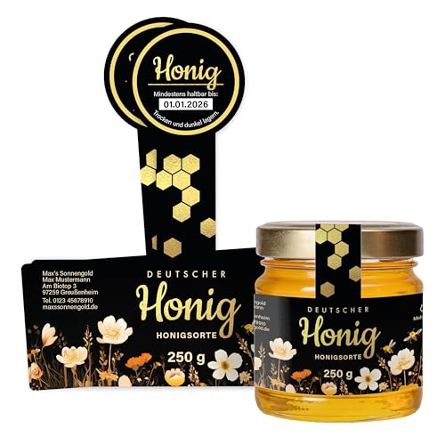 Honig Etiketten 250 g mit Gewährverschluss selbst gestalten – ab 25 Stück – Honig Aufkleber personalisierbar, selbstklebend, ablösbar – Honigetiketten für Honiggläser – (HONIG - 250 g - GEW3) von Ausgewählt verpackt