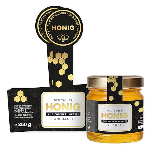 Honig Etiketten 250 g mit Gewährverschluss selbst gestalten – ab 25 Stück – Honig Aufkleber personalisierbar, selbstklebend, ablösbar – Honigetiketten für Honiggläser – (HONIG - 250 g - GEW4) von Ausgewählt verpackt