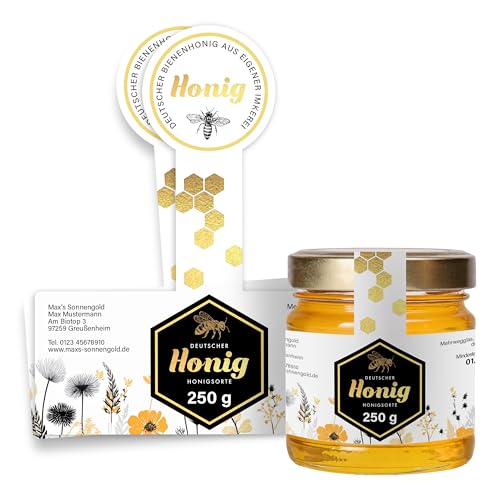 Honig Etiketten 250 g mit Gewährverschluss selbst gestalten – ab 25 Stück – Honig Aufkleber personalisierbar, selbstklebend, ablösbar – Honigetiketten für Honiggläser – (HONIG - 250 g - GEW5) von Ausgewählt verpackt