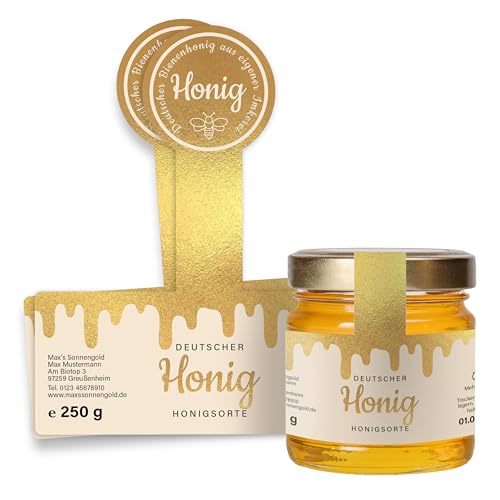Honig Etiketten 250 g mit Gewährverschluss selbst gestalten – ab 25 Stück – Honig Aufkleber personalisierbar, selbstklebend, ablösbar – Honigetiketten für Honiggläser – (HONIG - 250 g - GEW6) von Ausgewählt verpackt