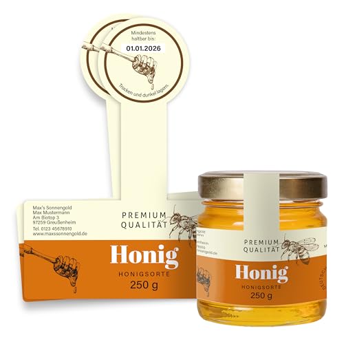 Honig Etiketten 250 g mit Gewährverschluss selbst gestalten – ab 25 Stück – Honig Aufkleber personalisierbar, selbstklebend, ablösbar – Honigetiketten für Honiggläser – (HONIG - 250 g - GEW7) von Ausgewählt verpackt