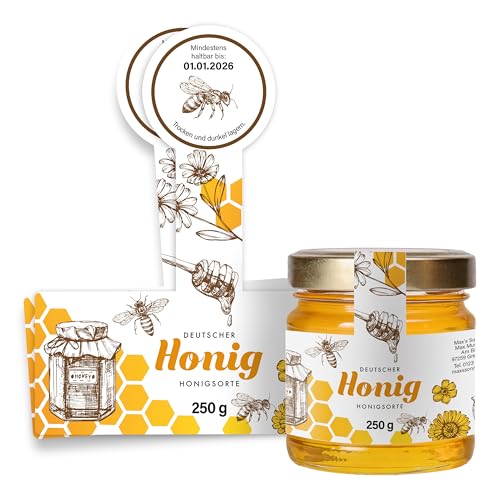 Honig Etiketten 250 g mit Gewährverschluss selbst gestalten – ab 25 Stück – Honig Aufkleber personalisierbar, selbstklebend, ablösbar – Honigetiketten für Honiggläser – (HONIG - 250 g - GEW8) von Ausgewählt verpackt
