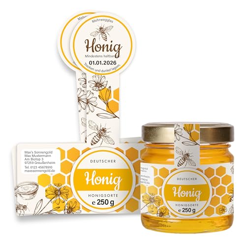 Honig Etiketten 250 g mit Gewährverschluss selbst gestalten – ab 25 Stück – Honig Aufkleber personalisierbar, selbstklebend, ablösbar – Honigetiketten für Honiggläser – (HONIG - 250 g - GEW9) von Ausgewählt verpackt