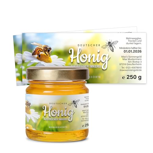 Honig Etiketten 250 g rechteckig selbst gestalten – ab 25 Stück – Honig Aufkleber personalisierbar, selbstklebend, ablösbar – Honigetiketten für Honiggläser – Bauchetiketten – (HONIG - 250 g - RE1) von Ausgewählt verpackt