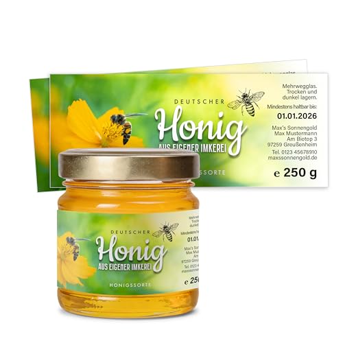 Honig Etiketten 250 g rechteckig selbst gestalten – ab 25 Stück – Honig Aufkleber personalisierbar, selbstklebend, ablösbar – Honigetiketten für Honiggläser – Bauchetiketten – (HONIG - 250 g - RE2) von Ausgewählt verpackt