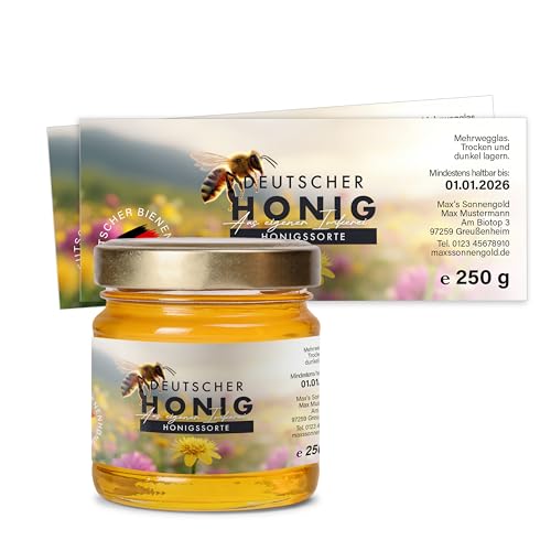 Honig Etiketten 250 g rechteckig selbst gestalten – ab 25 Stück – Honig Aufkleber personalisierbar, selbstklebend, ablösbar – Honigetiketten für Honiggläser – Bauchetiketten – (HONIG - 250 g - RE3) von Ausgewählt verpackt