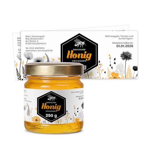 Honig Etiketten 250 g rechteckig selbst gestalten – ab 25 Stück – Honig Aufkleber personalisierbar, selbstklebend, ablösbar – Honigetiketten für Honiggläser – Bauchetiketten – (HONIG - 250 g - RE4) von Ausgewählt verpackt