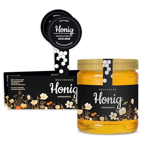 Honig Etiketten 500 g mit Gewährverschluss selbst gestalten – ab 25 Stück – Honig Aufkleber personalisierbar, selbstklebend, ablösbar – Honigetiketten für Honiggläser – (HONIG - 500 g - GEW2) von Ausgewählt verpackt