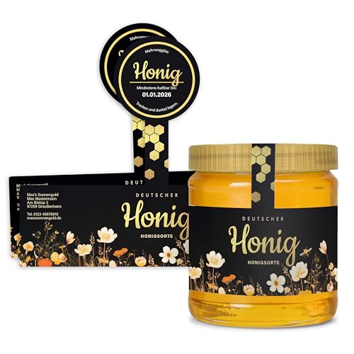 Honig Etiketten 500 g mit Gewährverschluss selbst gestalten – ab 25 Stück – Honig Aufkleber personalisierbar, selbstklebend, ablösbar – Honigetiketten für Honiggläser – (HONIG - 500 g - GEW3) von Ausgewählt verpackt
