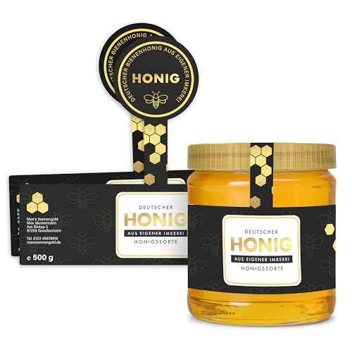 Honig Etiketten 500 g mit Gewährverschluss selbst gestalten – ab 25 Stück – Honig Aufkleber personalisierbar, selbstklebend, ablösbar – Honigetiketten für Honiggläser – (HONIG - 500 g - GEW4) von Ausgewählt verpackt