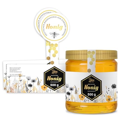 Honig Etiketten 500 g mit Gewährverschluss selbst gestalten – ab 25 Stück – Honig Aufkleber personalisierbar, selbstklebend, ablösbar – Honigetiketten für Honiggläser – (HONIG - 500 g - GEW5) von Ausgewählt verpackt