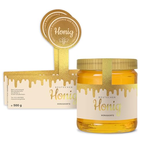 Honig Etiketten 500 g mit Gewährverschluss selbst gestalten – ab 25 Stück – Honig Aufkleber personalisierbar, selbstklebend, ablösbar – Honigetiketten für Honiggläser – (HONIG - 500 g - GEW6) von Ausgewählt verpackt