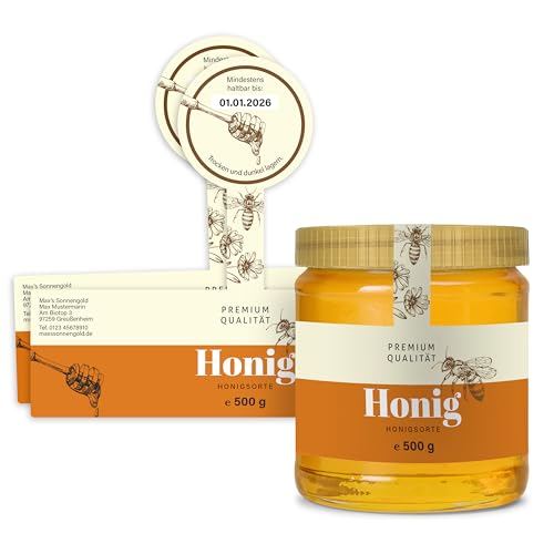 Honig Etiketten 500 g mit Gewährverschluss selbst gestalten – ab 25 Stück – Honig Aufkleber personalisierbar, selbstklebend, ablösbar – Honigetiketten für Honiggläser – (HONIG - 500 g - GEW7) von Ausgewählt verpackt
