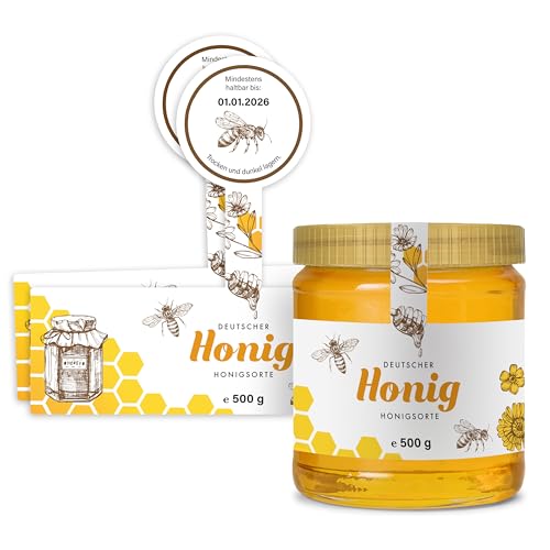 Honig Etiketten 500 g mit Gewährverschluss selbst gestalten – ab 25 Stück – Honig Aufkleber personalisierbar, selbstklebend, ablösbar – Honigetiketten für Honiggläser – (HONIG - 500 g - GEW8) von Ausgewählt verpackt