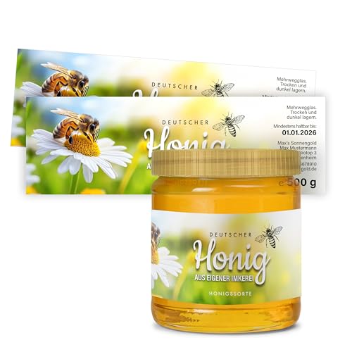 Honig Etiketten 500 g rechteckig selbst gestalten – ab 25 Stück – Honig Aufkleber personalisierbar, selbstklebend, ablösbar – Honigetiketten für Honiggläser – Bauchetiketten – (HONIG - 500 g - RE1) von Ausgewählt verpackt