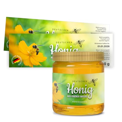 Honig Etiketten 500 g rechteckig selbst gestalten – ab 25 Stück – Honig Aufkleber personalisierbar, selbstklebend, ablösbar – Honigetiketten für Honiggläser – Bauchetiketten – (HONIG - 500 g - RE2) von Ausgewählt verpackt