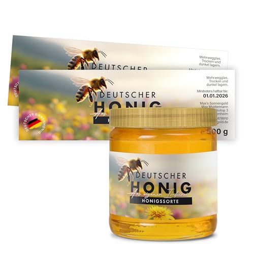 Honig Etiketten 500 g rechteckig selbst gestalten – ab 25 Stück – Honig Aufkleber personalisierbar, selbstklebend, ablösbar – Honigetiketten für Honiggläser – Bauchetiketten – (HONIG - 500 g - RE3) von Ausgewählt verpackt