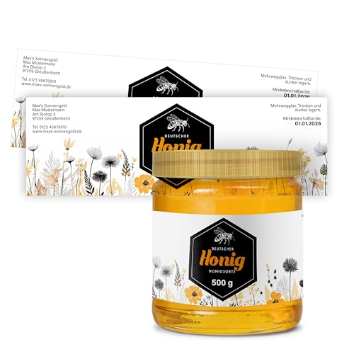 Honig Etiketten 500 g rechteckig selbst gestalten – ab 25 Stück – Honig Aufkleber personalisierbar, selbstklebend, ablösbar – Honigetiketten für Honiggläser – Bauchetiketten – (HONIG - 500 g - RE4) von Ausgewählt verpackt