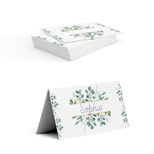 Tischkarten selbst gestalten für Hochzeit, Geburtstag – personalisiert mit Namen des Brautpaares, Datum – Vorderseite zum Beschriften – ab 50 Stück (EUKALYPTUS) von Ausgewählt verpackt