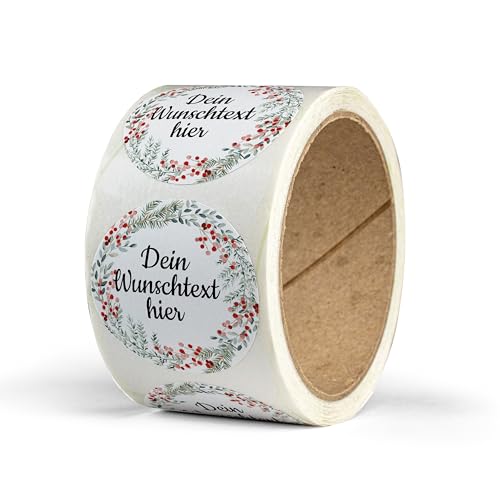 Weihnachtssticker selbst gestalten – 50 personalisierte Aufkleber Weihnachten – rund, Ø 5 cm – Weihnachtsetiketten als Geschenkaufkleber – Sticker mit Namen - Kranz - Motiv 1 von AUSGEWÄHLT Verpackt