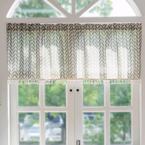 Ausing Kurze Vorhänge mit Blumendruck Halbtransparent Leinenähnliche Vorhänge für Wohnzimmer Bad Schlafzimmer Balkon, Schwarz, 150×61 cm von Ausing