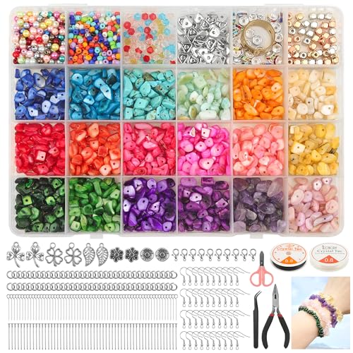 Perlen für Armbänder Selber Machen Set, Perlen Set 24 Farben Edelsteinperlen Naturform und Glasperln, Schmuck Selber Machen Set 1360 Stück mit Zubehör, Perlen zum Auffädeln für DIY Ohrringe Halskette Perlen für Armbänder Selber Machen Set, Perlen Set 24 Farben Edelsteinperlen Naturform und Glasperln, Schmuck Selber Machen Set 1360 Stück mit Zubehör, Perlen zum Auffädeln für DIY Ohrringe Halskette von Autheria