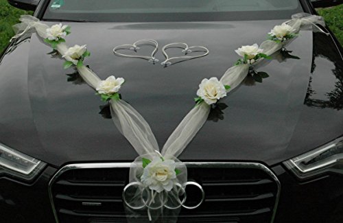 ORGANZA M + HERZEN Braut Paar Rose Deko Dekoration Autoschmuck Hochzeit Car Auto Wedding Deko Ratan Girlande ®Auto-schmuck PKW (Ecru/Ecru/Weiß) von Auto-schmuck so einfach so kreativ