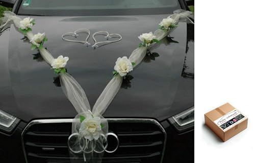 ORGANZA M + HERZEN Braut Paar Rose Deko Dekoration Autoschmuck Hochzeit Car Auto Wedding Deko Ratan Girlande ®Auto-schmuck PKW (Ecru/Ecru/Weiß) von Auto-schmuck so einfach so kreativ