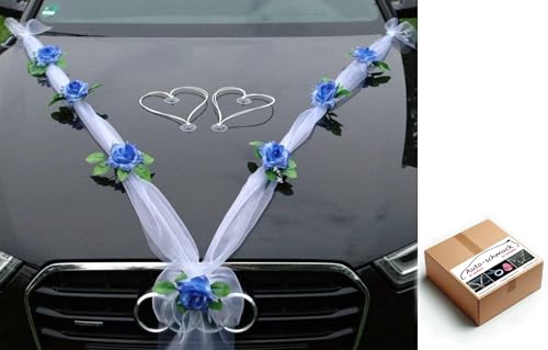 ORGANZA M + HERZEN Braut Paar Rose Deko Dekoration Autoschmuck Hochzeit Car Auto Wedding Deko Ratan Girlande ®Auto-schmuck PKW (Hellblau/Weiß/Weiß) von Auto-schmuck so einfach so kreativ