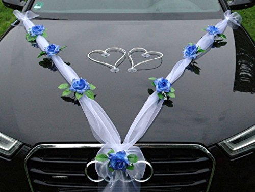 ORGANZA M + HERZEN Braut Paar Rose Deko Dekoration Autoschmuck Hochzeit Car Auto Wedding Deko Ratan Girlande ®Auto-schmuck PKW (Hellblau/Weiß/Weiß) von Auto-schmuck so einfach so kreativ