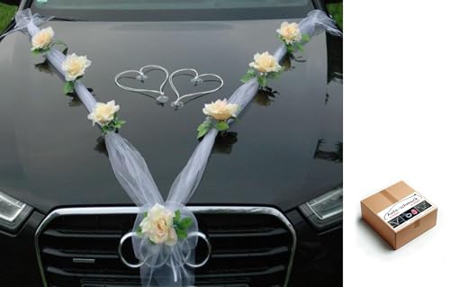 ORGANZA M + HERZEN Braut Paar Rose Deko Dekoration Autoschmuck Hochzeit Car Auto Wedding Deko Ratan Girlande ®Auto-schmuck PKW (Lemon/Weiß/Weiß) von Auto-schmuck so einfach so kreativ