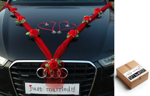 ORGANZA M + HERZEN Braut Paar Rose Deko Dekoration Autoschmuck Hochzeit Car Auto Wedding Deko Ratan Girlande ®Auto-schmuck PKW (Rot/Rot/Rot) von Auto-schmuck so einfach so kreativ