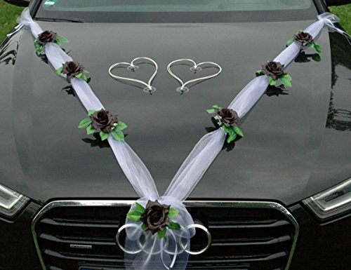 ORGANZA M + HERZEN Braut Paar Rose Deko Dekoration Autoschmuck Hochzeit Car Auto Wedding Deko Ratan Girlande ®Auto-schmuck PKW (Schwarz/Weiß/Weiß) von Auto-schmuck so einfach so kreativ