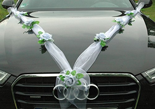 ORGANZA M + HERZEN Braut Paar Rose Deko Dekoration Autoschmuck Hochzeit Car Auto Wedding Deko Ratan Girlande ®Auto-schmuck PKW (Silber/Weiß/Weiß) von Auto-schmuck so einfach so kreativ