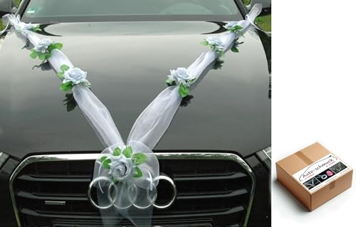 ORGANZA M + HERZEN Braut Paar Rose Deko Dekoration Autoschmuck Hochzeit Car Auto Wedding Deko Ratan Girlande ®Auto-schmuck PKW (Silber/Weiß/Weiß) von Auto-schmuck so einfach so kreativ