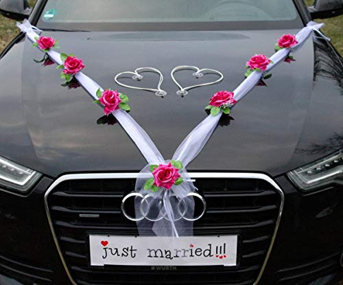 Organza M + Herzen Braut Paar Rose Deko Dekoration Autoschmuck Hochzeit Car Auto Wedding Deko Ratan Girlande ®Auto-schmuck PKW (Violett/Weiß/Weiß) von Auto-schmuck so einfach so kreativ