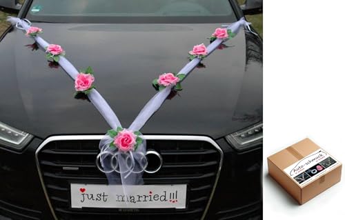 Organza M Auto Schmuck Braut Paar Rose Deko Dekoration Organza M Hochzeit Car Auto Wedding Deko (Rosa/Weiß) von Auto-schmuck so einfach so kreativ
