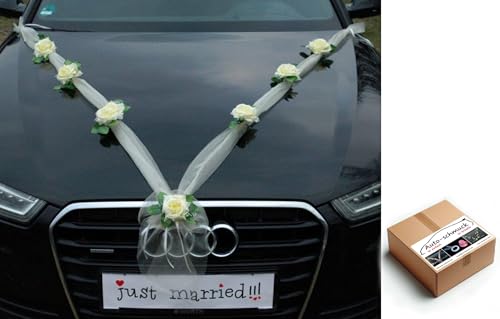 ORGANZA M Auto Schmuck Braut Paar Rose Deko Dekoration Organza M Hochzeit Car Auto Wedding Deko Girlande PKW (Ecru2 / Ecru) von Auto-schmuck so einfach so kreativ