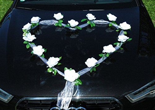 Organza Herz Auto Schmuck Braut Paar Rose Deko Dekoration Autoschmuck Hochzeit Car Auto Wedding Deko Girlande PKW (Reinweiß/Weiß) von Auto-schmuck so einfach so kreativ