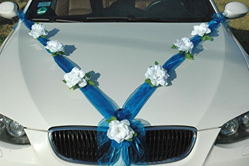 Organza M Auto Schmuck Braut Paar Rose Deko Dekoration Autoschmuck Hochzeit Car Auto Wedding Deko (Reinweiß/Blau) von Auto-schmuck so einfach so kreativ