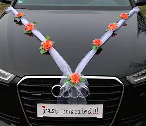 Organza M Auto Schmuck Braut Paar Rose Deko Dekoration Autoschmuck Hochzeit Car Auto Wedding Deko Girlande PKW (Koralle/Weiß) von Auto-schmuck so einfach so kreativ