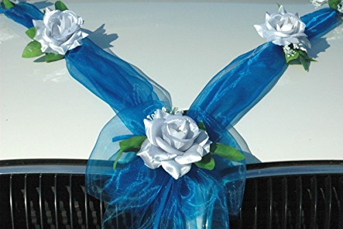 Organza M Auto Schmuck Braut Paar Rose Deko Dekoration Autoschmuck Hochzeit Car Auto Wedding Deko Girlande PKW (Silber/Blau) von Auto-schmuck so einfach so kreativ