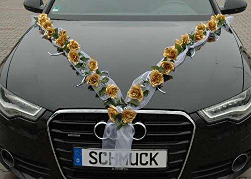 Rosen Girlande Braut Paar Rose Deko Dekoration Autoschmuck Hochzeit Car Auto Wedding ®Auto-schmuck Deko PKW (Gold/Weiß) von Auto-schmuck so einfach so kreativ