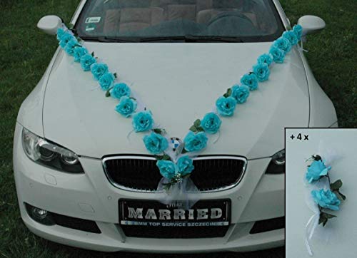 Rosen Girlande Braut Paar Rose Deko Dekoration Autoschmuck Hochzeit Car Auto Wedding ®Auto-schmuck Deko PKW (Türkis/Weiß) von Auto-schmuck so einfach so kreativ