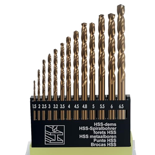 13Pcs HSS Spiralbohrer Set, Metrisch M35 Kobaltstahl Titanbeschichtet Bohrer 1,5 mm 6,5 mm Extrem Hitzebeständig Bohrer mit geradem Schaft für Holz Metall und Kunststoff (Messingfarben) von AutoPrevails