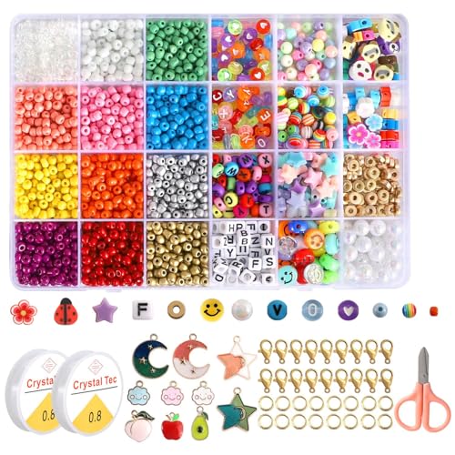 24 Farben 11520 Stück Perlen Set Zum Auffädeln, 6mm Perlen für Armbänder, Perlenset Polymer Clay Beads für DIY Schmuck Halskette Ohrringe Kette Inklusive Schere (24 Farben Smileys) von AutoPrevails