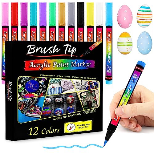 Acrylstifte für Steine Wasserfest 12 Farben Steine Bemalen Stifte Set 1-6mm Tip Permanent Marker Stifte, Acrylic Paint Marker für Holz Glas Leinwand Leinwand Ostereier Keramik Kunststoff Metall von Autoau