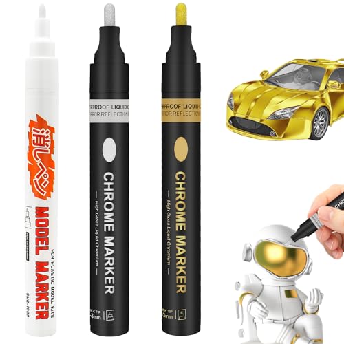 Autoau Metallic Chrom Marker 3 Stück Wasserfest Spiegel Marker Chromlackstift 3 mm Hochglänzend Metallic Marker Permanent Chrommarker für Modellbau Metall Glas Kunststoff von Autoau