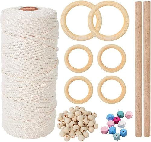 Auton Makramee Garn, 3mm x 100m Makramee Set mit 110pcs Natürliche Holzperlen+6 Holzring+2 Holzstäbchen, Premium Baumwollkordel Baumwollgarn,Garn für DIY Handwerk,Hängepflanze Pflanze Aufhänger von Auton